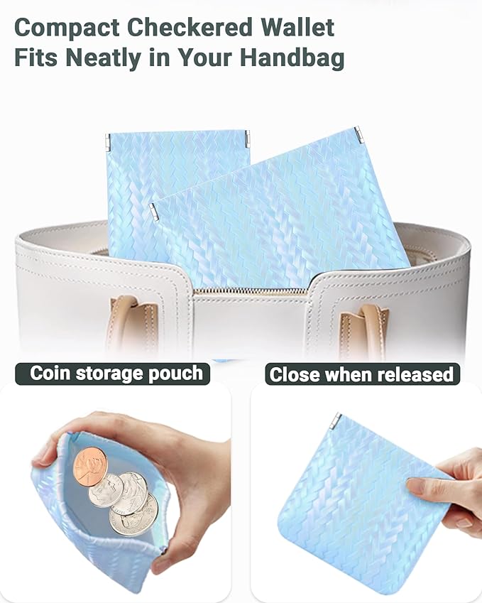 MXXUUOOM 2 Pack Small Makeup Bag for Purse Leather Cosmetic Pouch Organizer, Snap Closure Holographic Woven Makeup Bag, Mini Lipstick Coin Pouch, Travel Makeup Organizer for Women blue