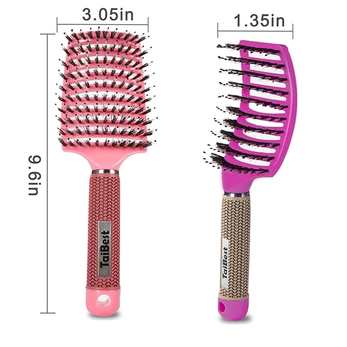 TaiBest Boar Bristle Hair Brush Set - Dry/Wet Hair Brush Detangler for Fine, Thick, Curly Hair - Curved and Vented Brush for Women, Men or Kids (Rose Red & Apricot Pink)