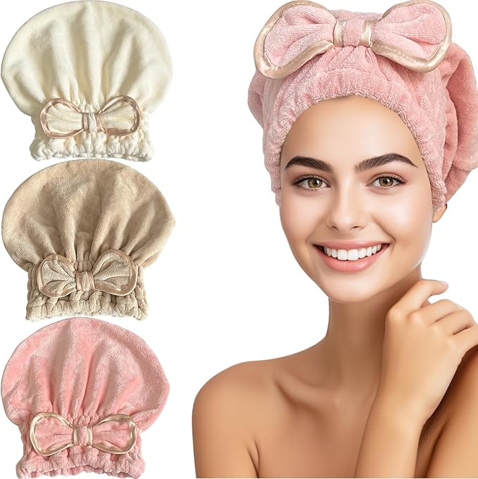 Jseng Microfiber Hair Towel Caps, 3 Packs, Fast Drying, Cute Bowtie Design, Cream, Khaki, Pink, Women & Girls Aged 14 And Above