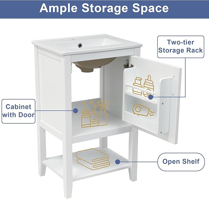 Bellemave 20" Small Bathroom Vanity with Sink, Modern Bathroom Storage Cabinet with Door and Storage Rack, Free Standing Single Basin Vanity with Open Shelf, Undermount Ceramic Sink, White