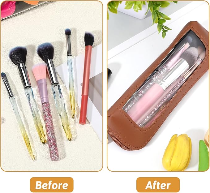 Kifmurase 2Pcs Clear Makeup Brush Bag, Leather Slim Makeup Case, Portable Transparent Waterproof Cosmetic Pouch with Zipper, Double Sided Clear Bag for Women Travel Storage (White, Brown)