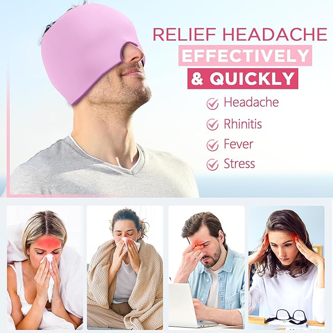 Migraine Relief Cap, Headache Relief Hat for Migraine Cap, Hot and Cold Therapy, Headache Eyes Mask for Stress Relief, Ice Pack Head Wrap for Sinus, Puffy Eyes, Tension, Purple