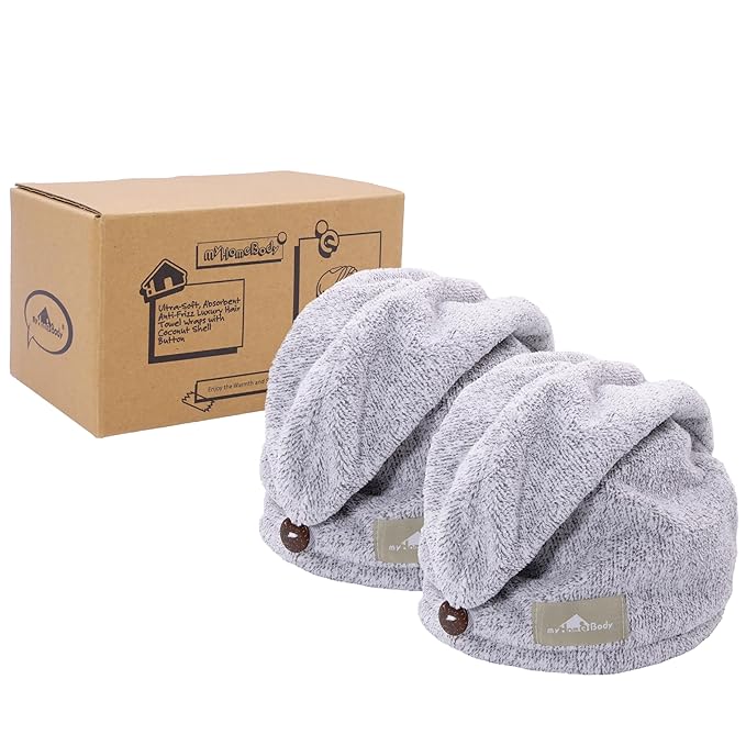 myHomeBody Hair Towel Wrap, Quick Drying Turban, Absorbent Cap – 2 Pack