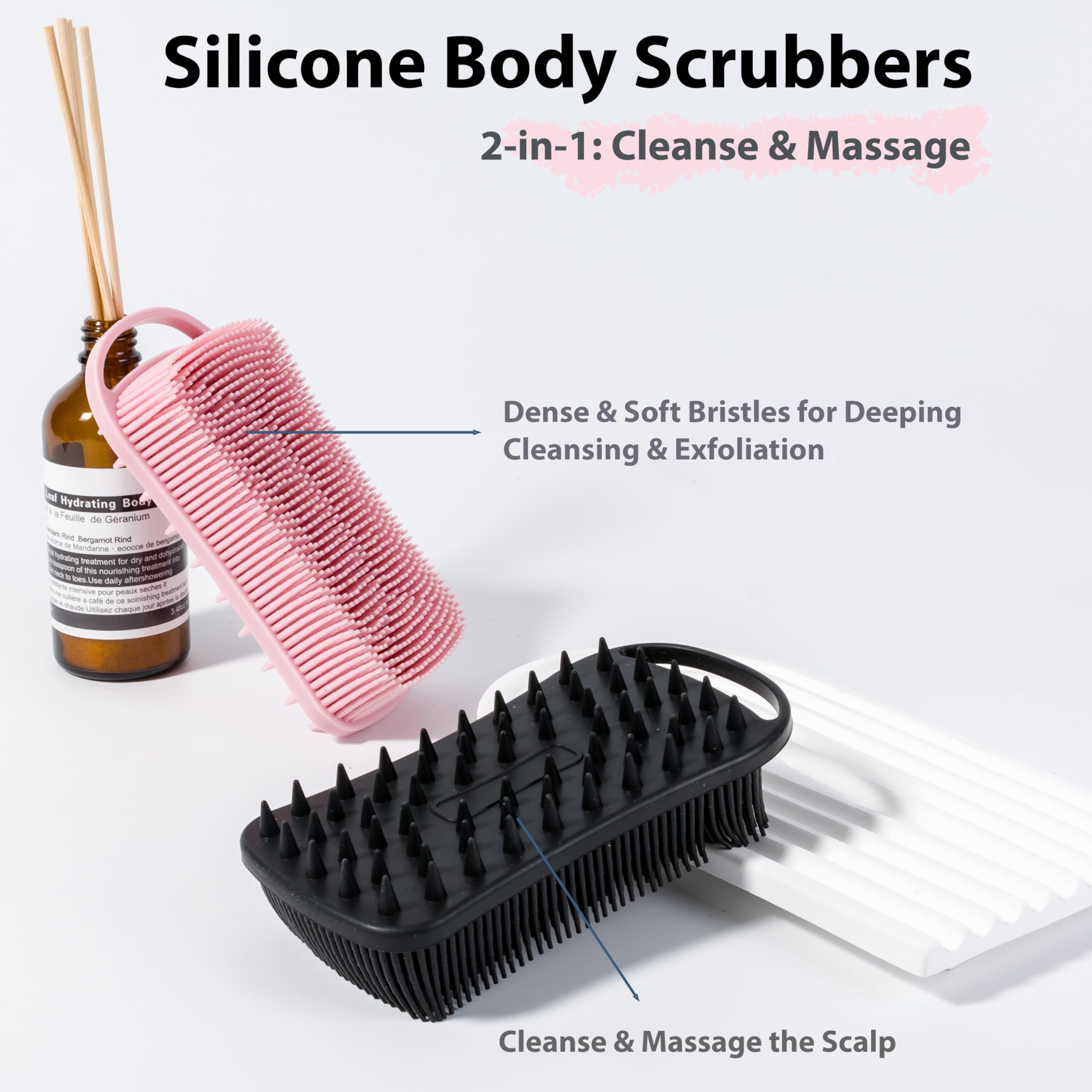 MtBoi 2 PC Silicone Body Scrubber, 2 in 1 Exfoliating Shower Bath Scrubber, Soft Silicone Loofah for Sensitive Skin, Shower Hair Scalp Massager, Easy to Clean, Lather Well (Black&Pink)