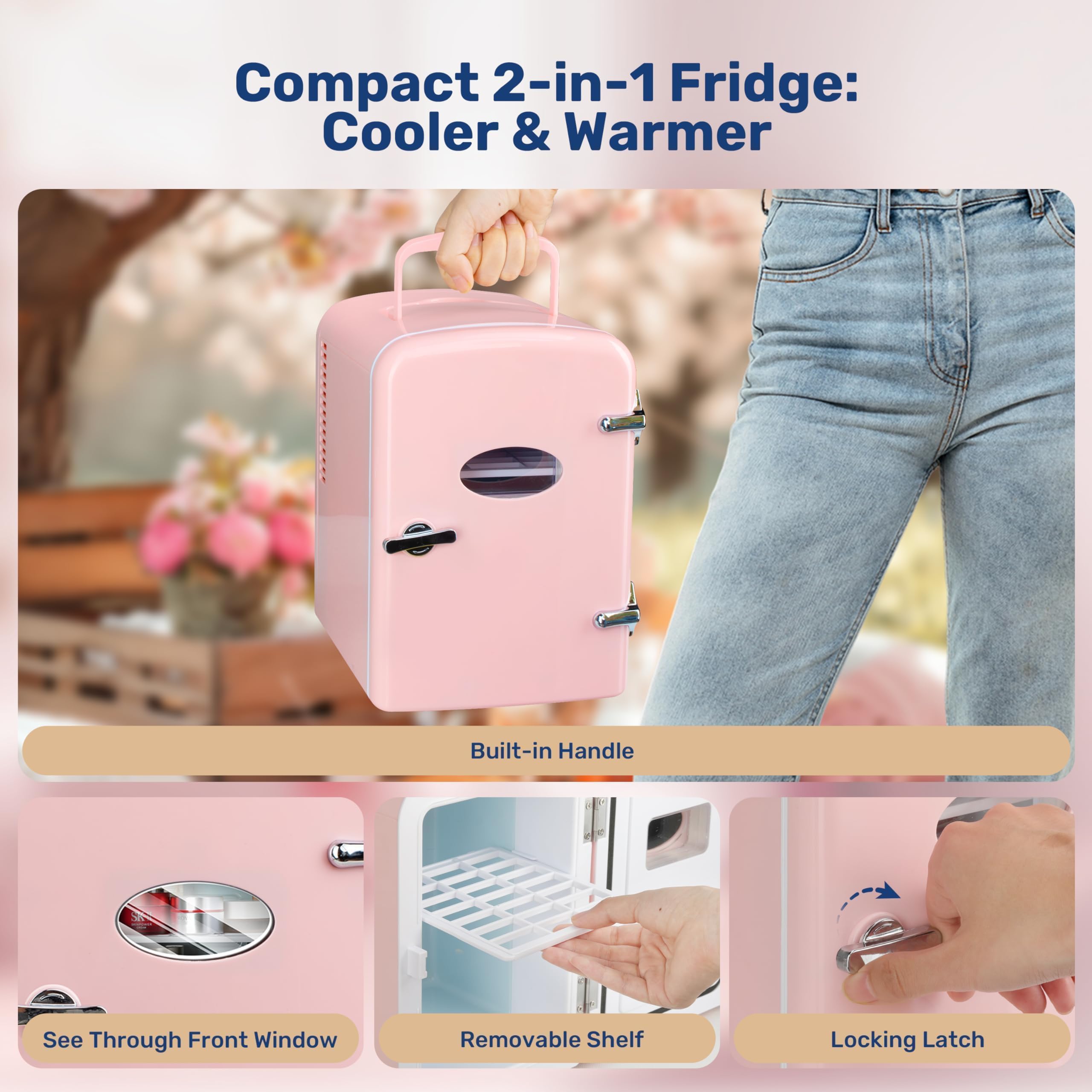 Simple Deluxe 4L/6 Can Portable Mini Fridge with Observation Window, Compact Cooler & Warmer Freon-Free Small Refrigerator, for Skincare, Beverage, Food, Cosmetics, Pink