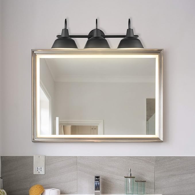 Globe Electric 51710 5-Piece Bathroom Accessory Set with 24-inch 3-Light Vanity Fixture, Matte Black Finish, Industrial Design, E26 Base, Towel Bar, Towel Ring, Robe Hook, Toilet Paper Holder