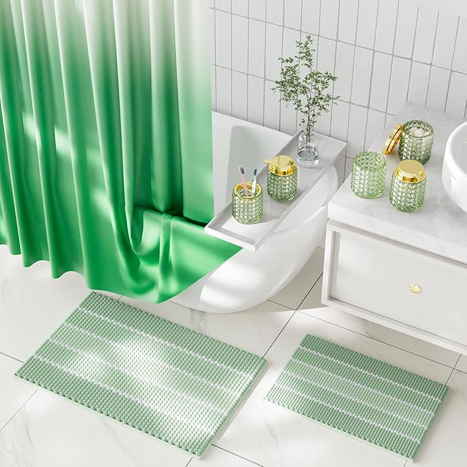 XLHOMO Bathroom Sets with Shower Curtain and Rugs and Accessories, Glass Bathroom Accessories Set Green Bathroom Set Bathroom Sets, Green Bath Mat and Diamond Soap Dispenser for Bathroom Decor