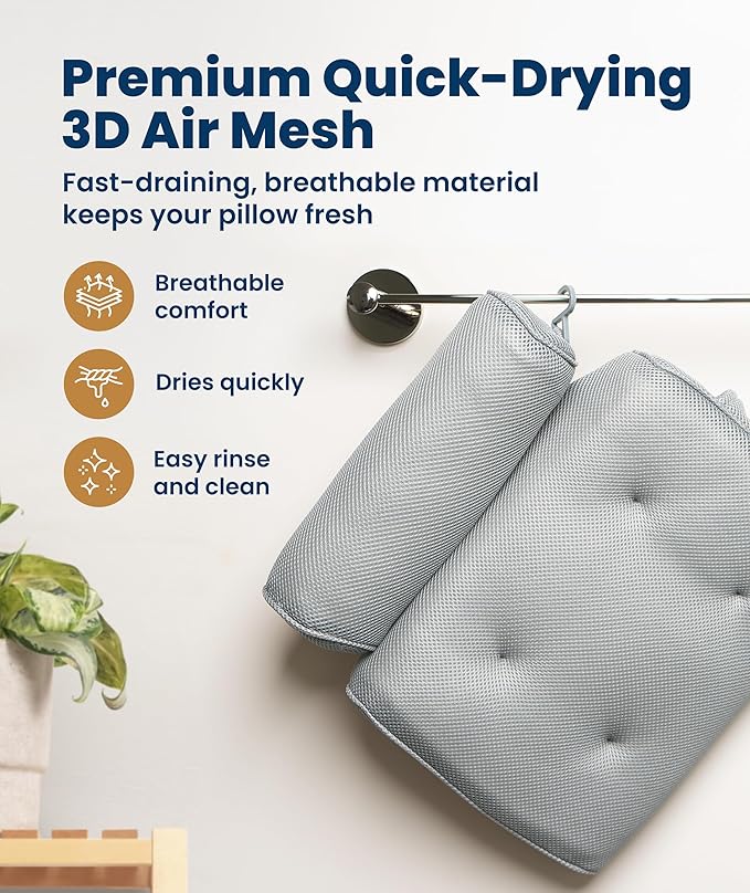 Everlasting Comfort Luxury Bath Pillow for Tub – Quick-Dry 4D Mesh – Gray