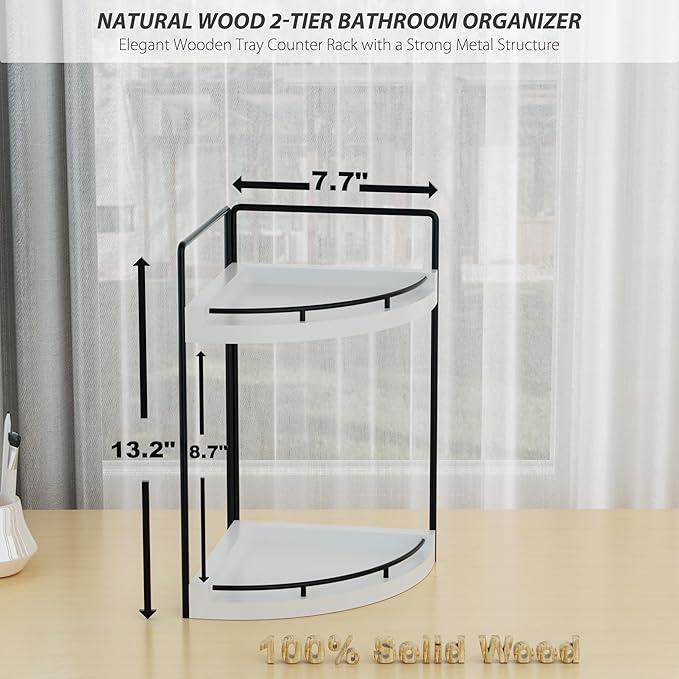 CeleVista Corner Bathroom Counter Organizer, 2 Tier Wood Vanity Storage, Waterproof Skincare Shelf for Kitchen & Toiletries Decor, Dresser (White-2 Tier)
