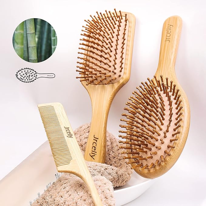 3PCS Bamboo Hair Brush Set,Natural Wooden Brush for Women, madam, Paddle Detangling Brush for Dry/Curly/Thick/Thin/Straight Hair