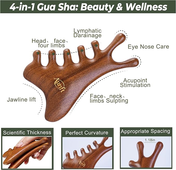 Aurift Mother’s Day Gift for Mom, Relaxation Gifts Set, Wooden Gua Sha Tool Set – Face & Scalp Manual Guasha Massager for Tension Relief, Portable Mini Wooden Massage Comb, Self Care Gift-Ready Box