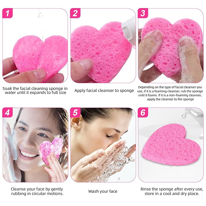 Silkyhose Women 120-Count Compressed Cellulose Heart Shape Face Facial Sponges 100% Natural Cosmetic Sponges for Facial Cleansing Exfoliating Mask Skin Massage (（Pink） 120 Count)