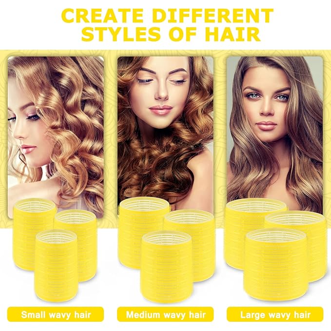 Self grip hair roller set,18 pcs,Hair rollers with hair roller clips and comb,Salon hairdressing curlers,DIY Hair Styles, Sungenol 3 Sizes Yellow Hair Rollers in 1 set