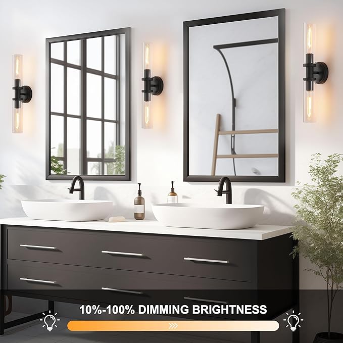 Wall Sconces Set of Two,Matte Black Bathroom Sconces Wall Lighting with Clear Glass, Modern Sconces Wall Decor Set of 2 Wall Light fixtures for Bathroom Mirror Living Room Hallway Bedroom Wall Lamp
