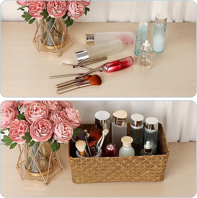 Set of 2 Wicker Storage Baskets for Shelves, Simple Organizing Basket for Home Shelf Baskets Woven Wicker Organizer Bins Shelf Baskets for Organizing Wardrobe Desktop Home Decor, Caramel