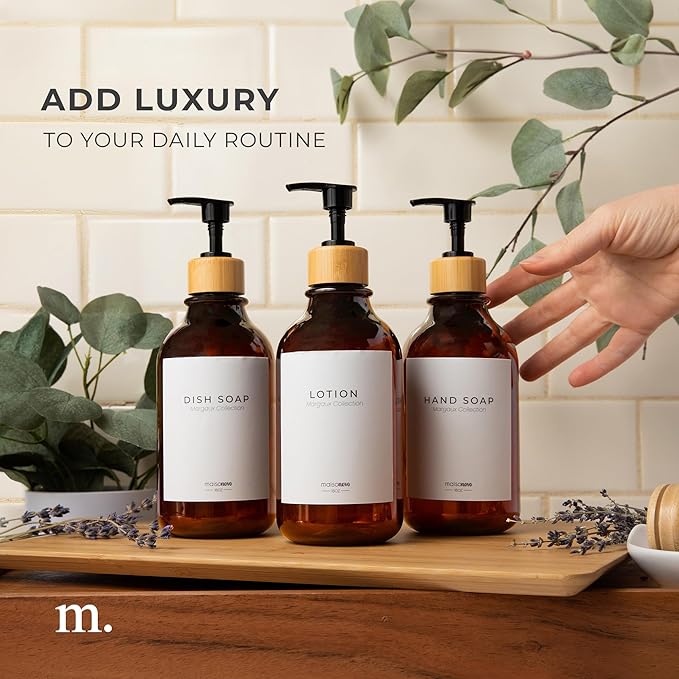 Shampoo and Conditioner Bottles Set of 3 Amber Bamboo – Shower Shampoo Dispenser – Hotel Style Bathroom Upgrade by MaisoNovo