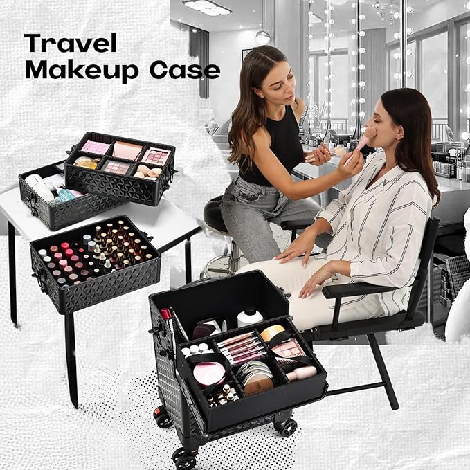 Yueieoun 5 in 1 Makeup Train Case, Cosmetology Case on Wheels Travel Make up Case Rolling Nail Cart Makeup Organizer Cosmetic Storage Box Cases Extra Large Trolley Truck with 360° Swivel Wheels, Black