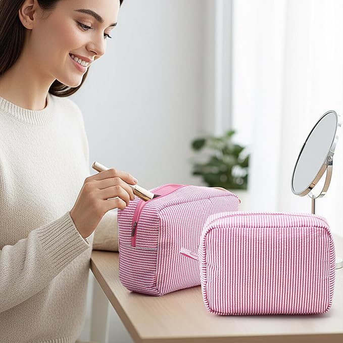 Sanwuta 9 Seersucker Cosmetic Bag Bulk Striped Makeup Bag for Women Aesthetic Cute Travel Toiletry Organizer Preppy Storage Pouch for Wedding Bridesmaid Mother's Day Teacher Gift (Large,Pink)