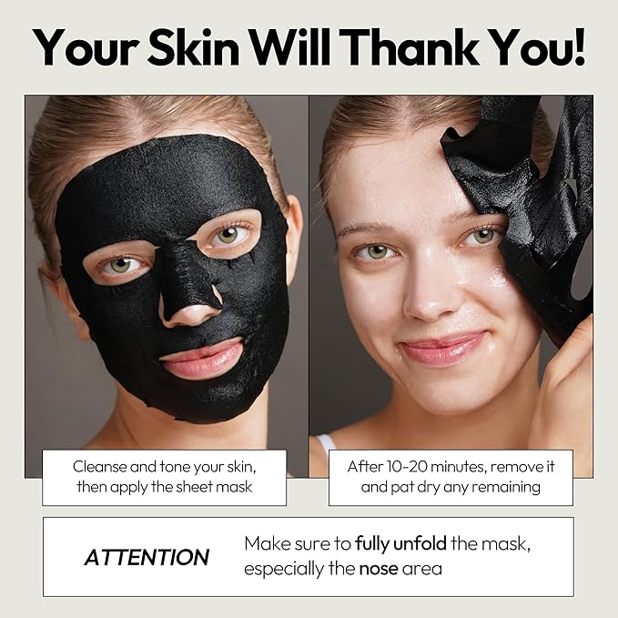 LAPCOS Charcoal Sheet Mask - Pore Refining & Gently Exfoliating Face Masks with Salicylic Acid and Tea Tree Oil to Purify & Tighten Skin - Highly Breathable Sheet - Korean Skin Care (Pack of 5)