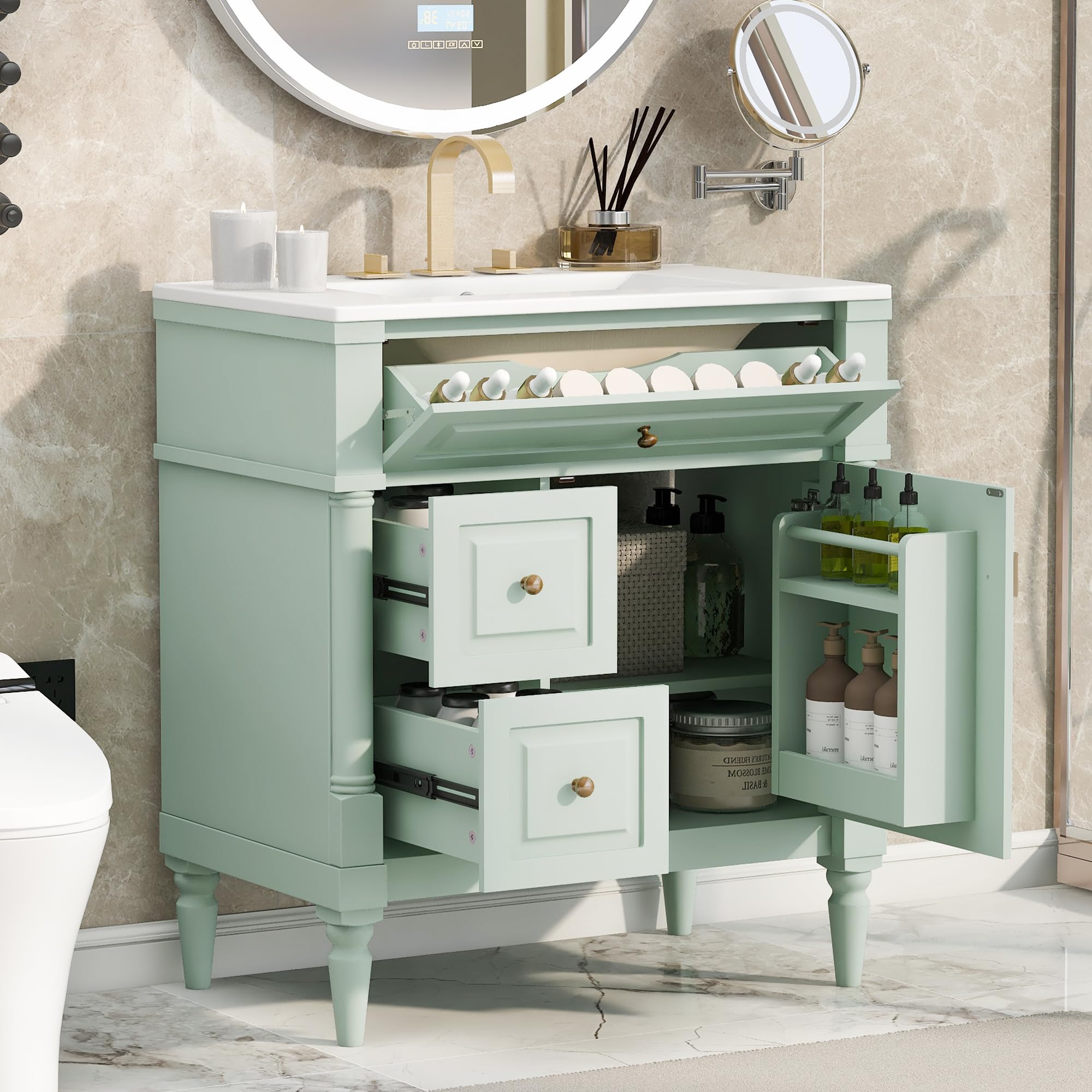 Harper & Bright Designs 30" Bathroom Vanity with Sink, Free Standing Bathroom Vanity Set with Flip Drawer, 2 Drawers, and Adjustable Shelf, Wood Storage Cabinet with Ceramic Basin for Bathroom, Green