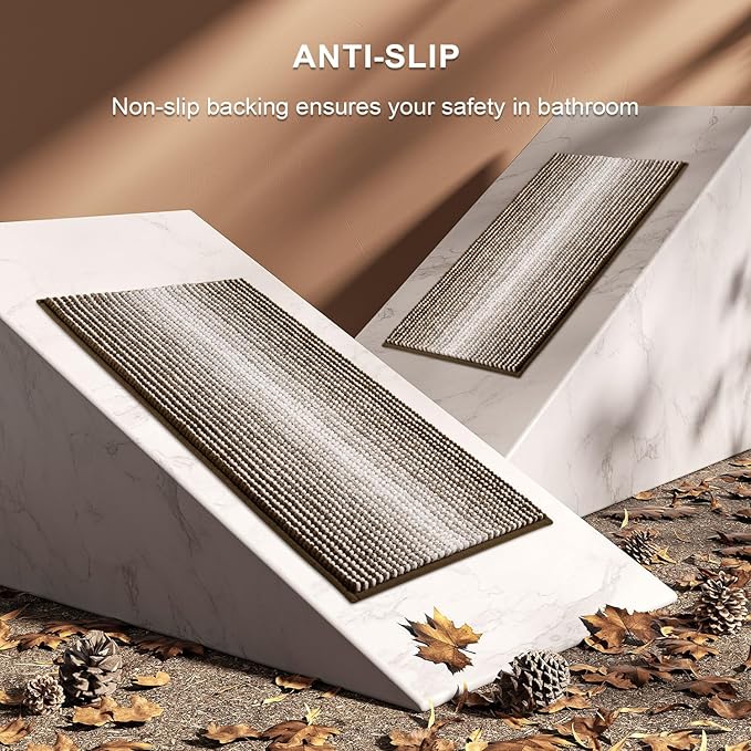 BSICPRO Bathroom Rugs and Mats Sets, 2 Piece Thick Absorbent Chenille Bath Mat Rug Set Non Slip, Soft Shaggy Bath Room Floor Mats for Bathroom, Machine Washable (Brown, 20" x 32" Plus 16" x 24")