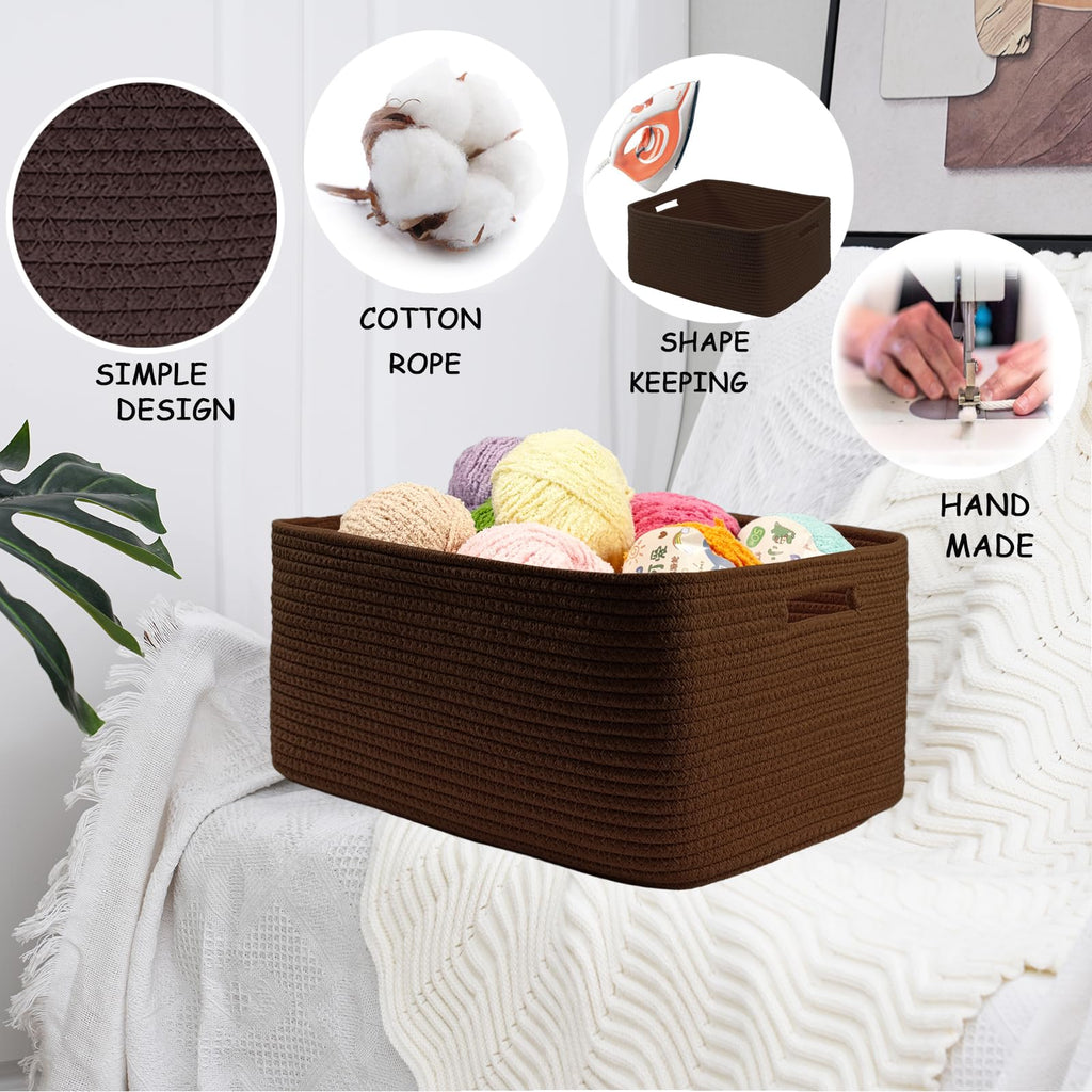 COMFY-HOMI Cotton Rope Woven Basket with Handles for Shelves,Toys,Book, Cloth Storage Baskets Bin for Organizing- 1 PCSToy Decorative Organizer for Living Room, Bathroom 17" x 13" x 7.5"