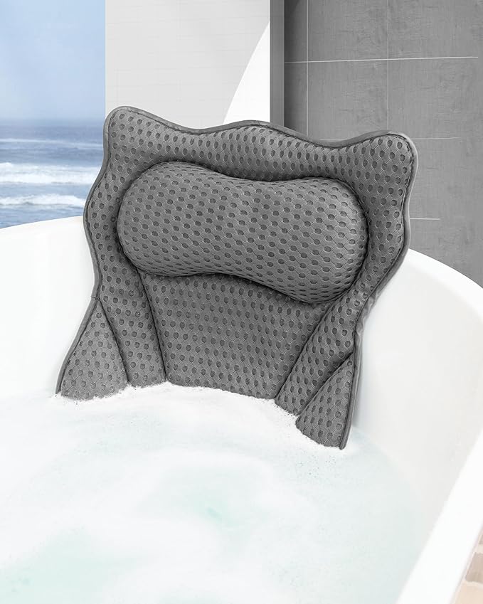MTDLYICE Bath Pillow, Bath Pillows for Tub Neck and Back Support, Soft 4D Air Mesh Bathtub Pillow 16.5 x 17.3 INCH, with 6 Powerful Suction Cups, Bath Accessories Relaxing Gifts for Women (Grey)
