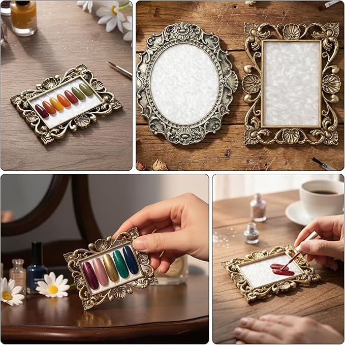Nail Art Palette with Golden Edge 2 PCS Nail Polish Palette with Retro Border Cosmetic Mixing Tools, Nails Holder Display Board Nail-Pallet for Nail-Art DIY Nails Gel Makeup Color Mixing