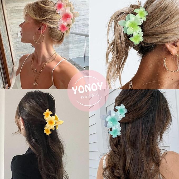 YONOY 6Pcs Flower Hair Clips for Women,Non-Slip Flower Hair Clips for Women,Hawaiian Hair Flower Clip Large Plumeria Banana Cute Clip Beach Hair Accessories (Pearlescent gradient color)