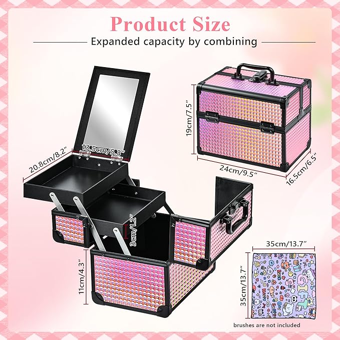 GALHUBIS Makeup Case Organizer,Makeup Train Case, Trays Cosmetic Box Portable, Profesional for Salon Barber,Black Bright Pink