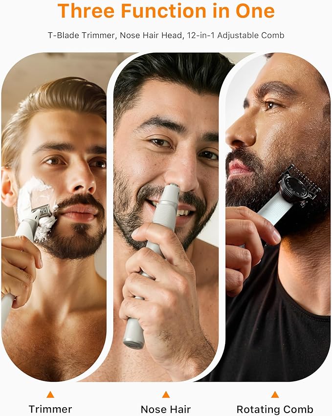 Trimcoo New Electric Beard & Nose Hair Trimmer Kit - Painless Razor with 12 in 1 Rotating Comb, Magnetic Nose Hair Head, Waterproof Wet/Dry, Groin/Ball Shaver for Men, USB-C Fast Charging,White(Pack)