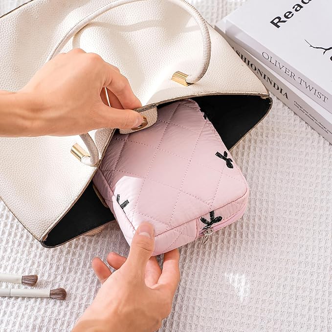 RSRSLEII Small Quilted Cosmetic Pouch for Purse, Mini Cotton Makeup Bag with Compartments, Cute Zipper Lipstick Holder for Women (04Pink Black Bow)