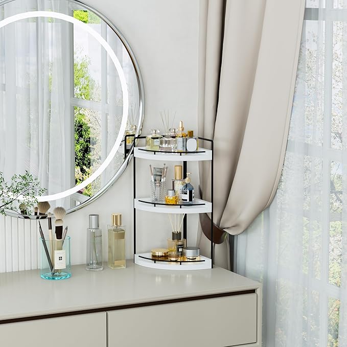CeleVista Corner Bathroom Counter Organizer, 3 Tier Bathroom Sink Shelf Countertop, Wood Vanity Skincare Storage for Toiletries Decor, Makeup, Dresser (White)