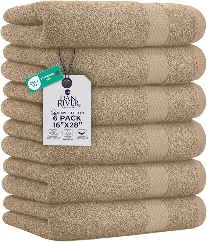 DAN RIVER 6-Pack Premium Hand Towels (16x28 Inches) - 100% Cotton, Ultra Soft, Lightweight, Highly Absorbent Towels for Bathroom, Spa, Gym, Salon, Hotel, and Travel - Tan
