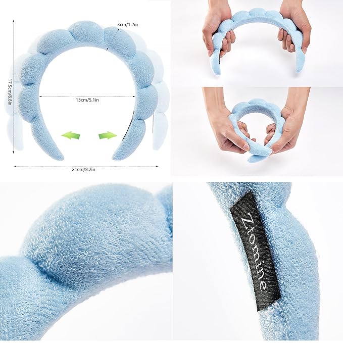 Ztomine Hairband, Set of 2 - Thick Absorbent Terry Cloth Spa Headbands in Blue and Light Purple for Washing Face or Facial, Puffy Makeup Headbands for Face Washing, Mask Combo Pack