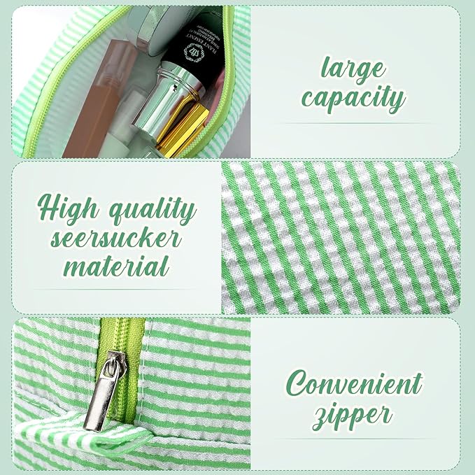 Sanwuta 6 Seersucker Cosmetic Bag Bulk Striped Makeup Bag for Women Aesthetic Cute Travel Toiletry Organizer Preppy Storage Pouch for Wedding Bridesmaid Mother's Day Teacher Gift (Large,Green)
