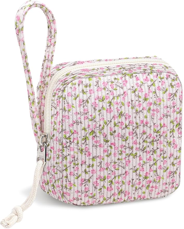 Chicarries Small Makeup Bag | Discreet Period Bag Pad Pouch for Purse | Sanitary Napkin Storage & Tampon Holder for Travel (Flower Pink)