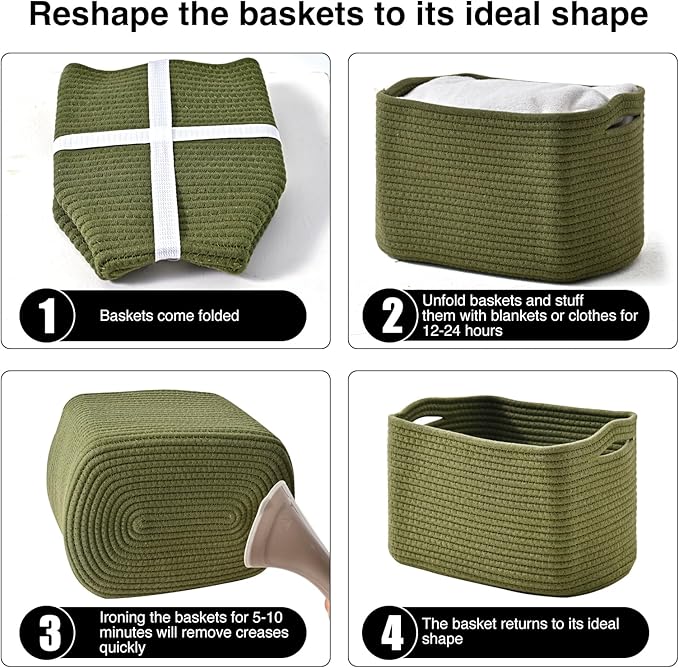 ICERZCZ Storage Basket for Shelves, Small Baskets for Organizing, Woven Cotton Rope Baskets for Storage, Book Basket, Decorative Shelf Basket, 12.5"Lx9.1''Wx7.9''H (4 Packs) Green