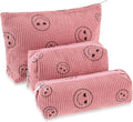 Huhumy 3 Pcs Makeup Bag Set for Women Corduroy Cosmetic Pouch Aesthetic Smile Travel Toiletry Bag Cute Purse Pouch Pencil Case Makeup Brushes Storage Organizer with Zipper(Pink,Smile Face)