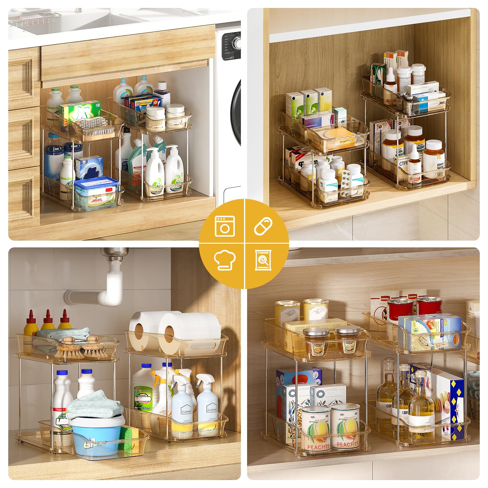 Delamu 2-Tier Under Sink Organizers and Storage, Multi-Purpose Stackable Bathroom Cabinet organizers, Pull Out Kitchen Pantry Organization and Storage with Dividers(2 Pack, Amber)