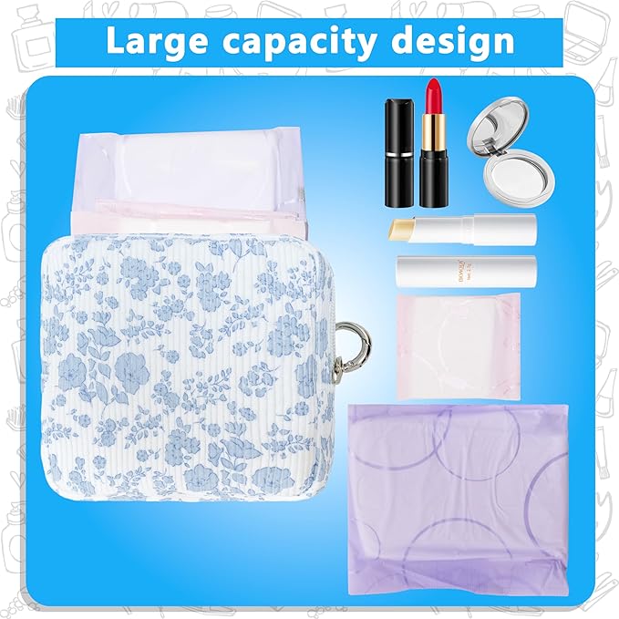 Period Bag for Girls, Corduroy Sanitary Napkin Storage Bag, Period Pouch & Tampon Holder, Feminine Care Organizer（Blue Flower）