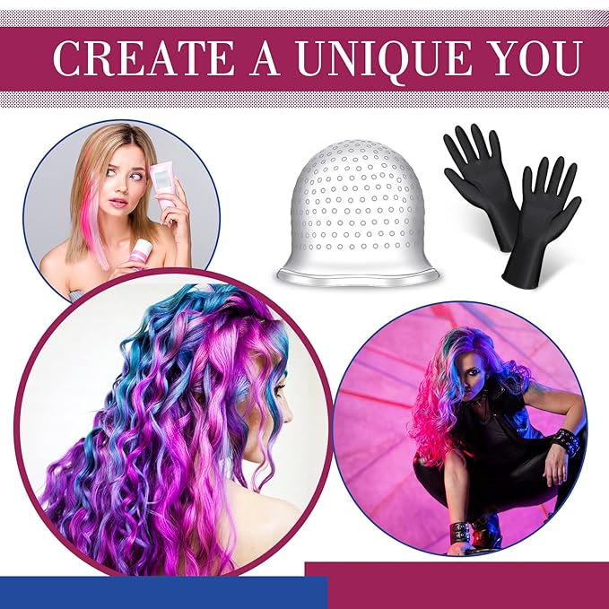 Silicone Highlight Cap with Hook and Gloves Hair Highlighting Kit Hair Dye Coloring Cap Reusable Pull Through Frosting Accessories for Salon Home Hairdressing