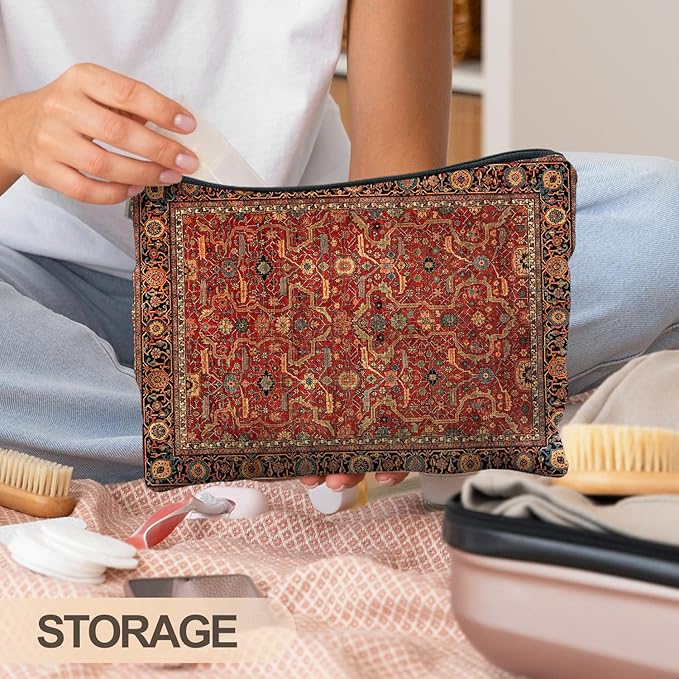 RYYCDOI Vintage Boho Tribal Makeup Bag, Traditional Red Rug Style Makeup Bag, Vintage Retro Ethnic Pattern Cosmetic Bag Gifts for Women Friends