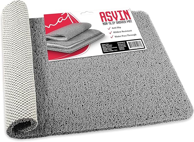 Asvin Soft Textured Bath, Shower, Tub Mat, 24x16 Inch Rectangular, Phthalate Free, Non Slip Comfort Bathtub Mats with Drain, PVC Loofah Bathroom Mat for Wet Areas, Quick Drying, Grey