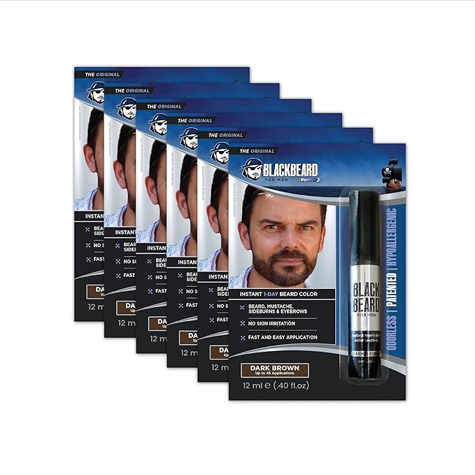 Blackbeard for Men Beard Color – 1-Day Beard, Mustache, Eyebrow, Sideburns Color – Temporary Facial Hair Tint - Hypoallergenic Beard Dye Alternative – Up to 45 applications – Dark Brown, 6 Pack