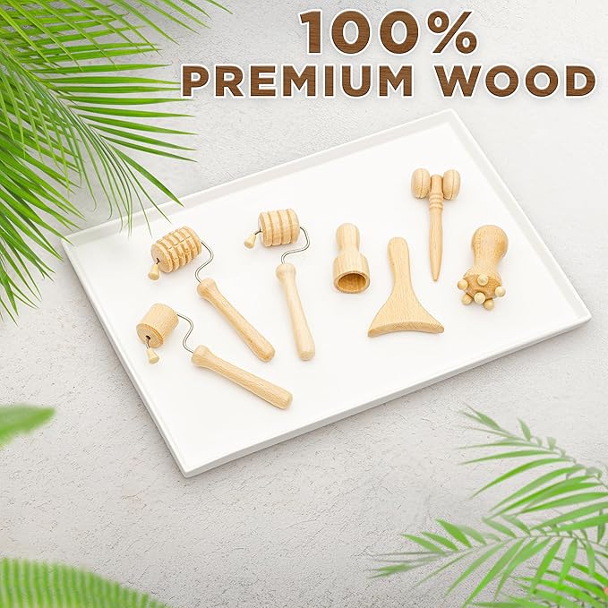 COZLOW Wood Therapy Facial Massage Tools (7 Piece Set), Gua Sha Wooden Face Massager Kit for Face Lifting, Lymphatic Drainage, Skin Care & Anti-Aging
