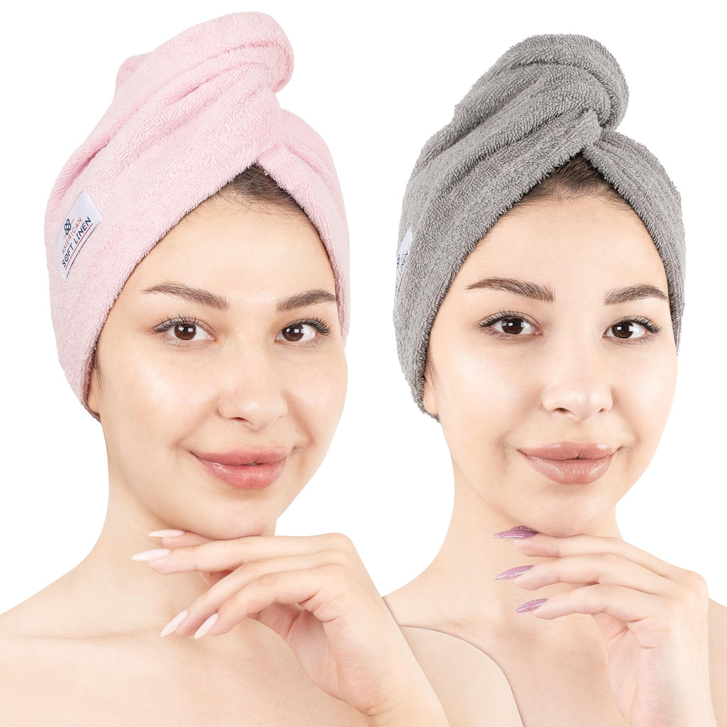 American Soft Linen 100% Cotton Head Towel Cap, Women's Anti Frizz Hair Wrap, Absorbent Cotton Towels 2 Pack, Light Grey-Pink