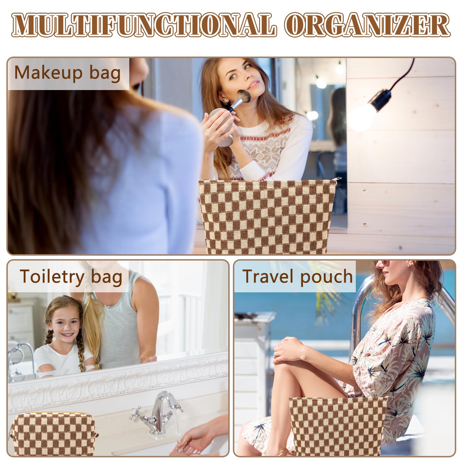 ZLFSRQ 2Pcs Checkered Makeup Bag for Women Large Small Checkered Cosmetic Bag Set Aesthetic Preppy Pencil Case Cute Pencil Pouch Brown Makeup Pouch for Purse Travel Toiletry Bags Zipper Skincare Bags