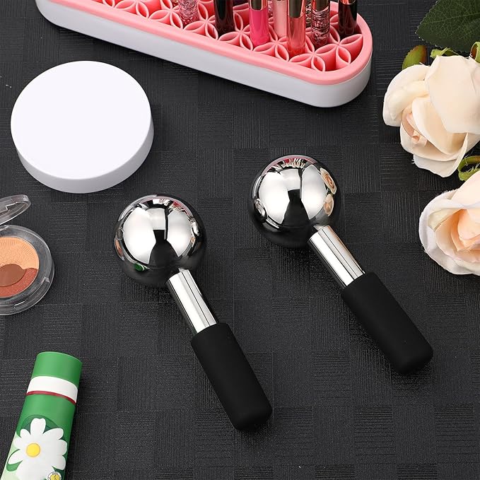 Baderke 2 Pcs Ice Globes for Face Stainless Steel Cooling Globes Unbreakable Cooling Roller Women Ice Balls Cryo Sticks Facials Skin Care for Dark Circles, Puffiness(Silver (Black Handle))