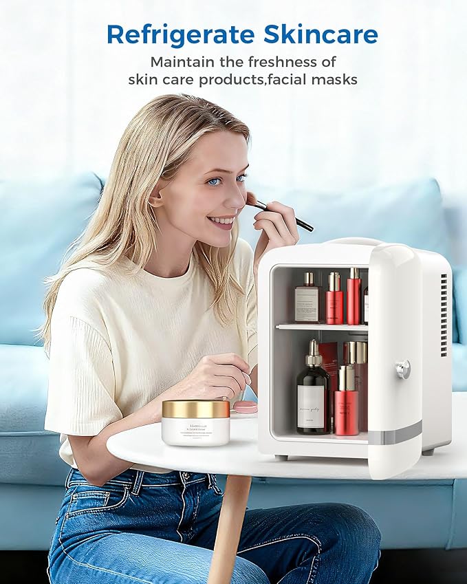 Electactic Mini Fridge for Skincare, 4L/6 Cans Small Cosmetic Fridge for Makeup & Beverage, Portable Desk Fridge Cooler and Warmer for Kids, Bedroom, Countertop, White